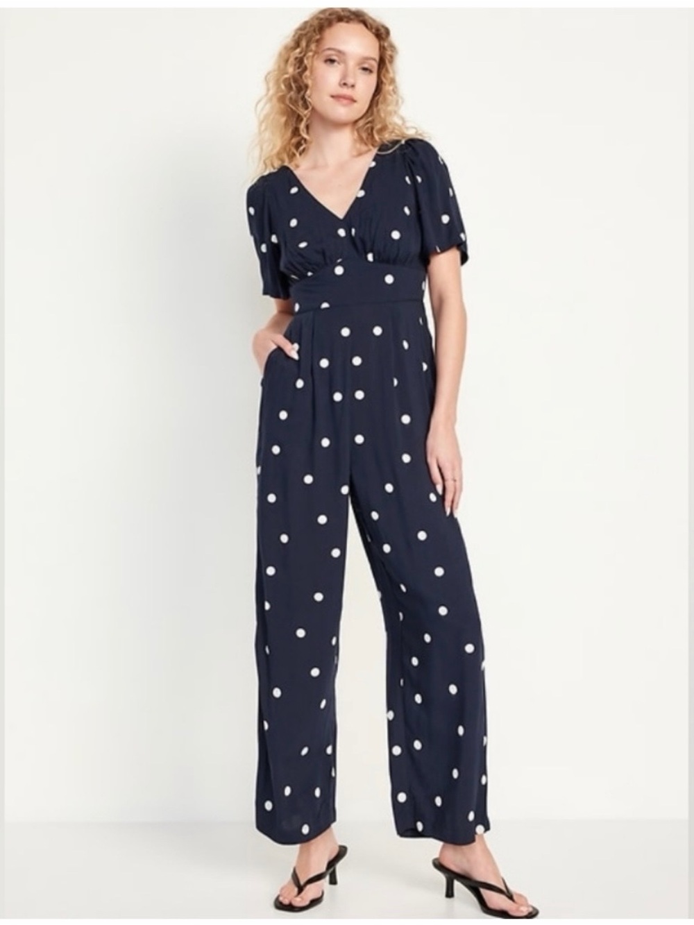 Old Navy Navy and White Polka Dot  Jumpsuit with Pockets and Stretchy Back